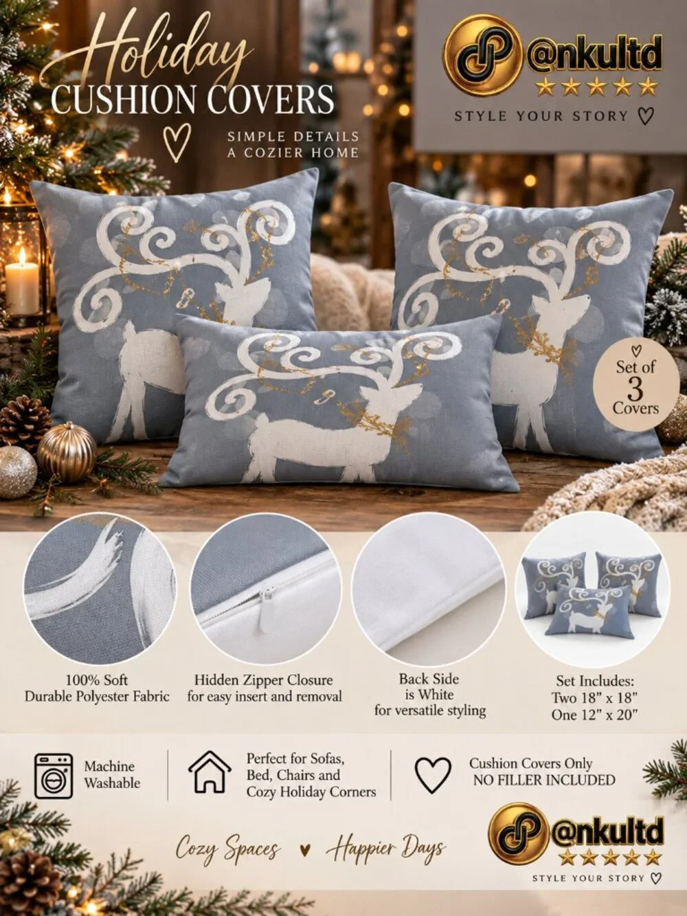 Christmas Throw Pillow Cover Set of 3 Whimsical Reindeer Gray Gold 18x18 Lumbar